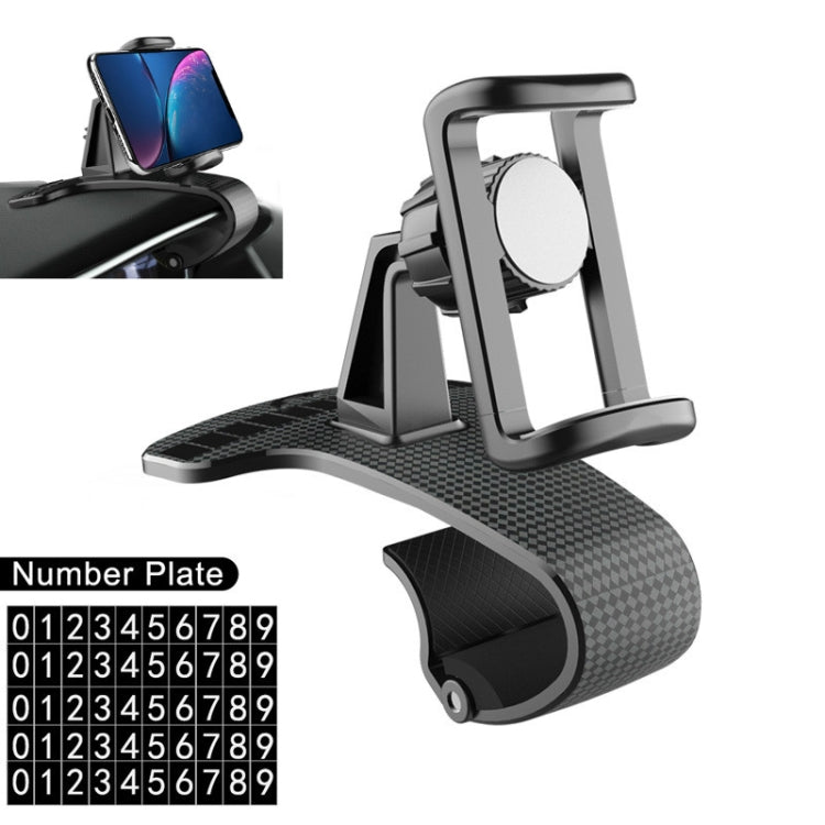 Car phone holder bracket with number plate, black carbon-fiber base and spring clip