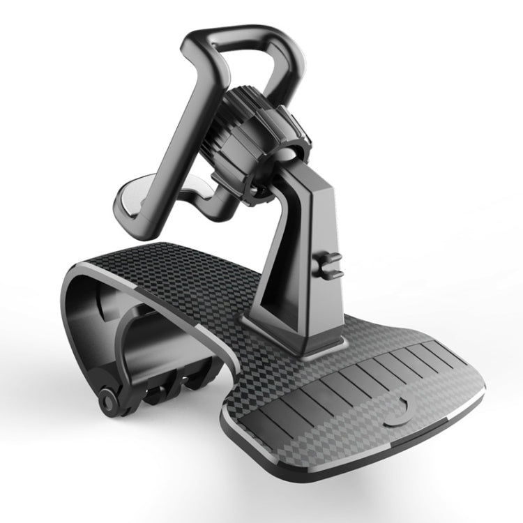 Car phone holder bracket with spring clip, black textured base and viewing cradle