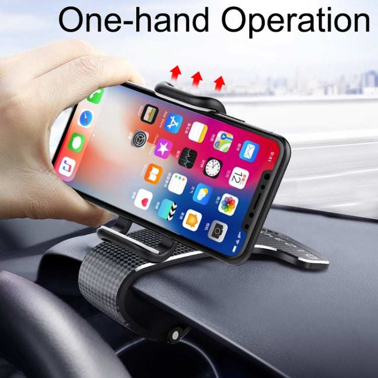 Car phone holder with clip mount, black dashboard base and cradle for smartphone