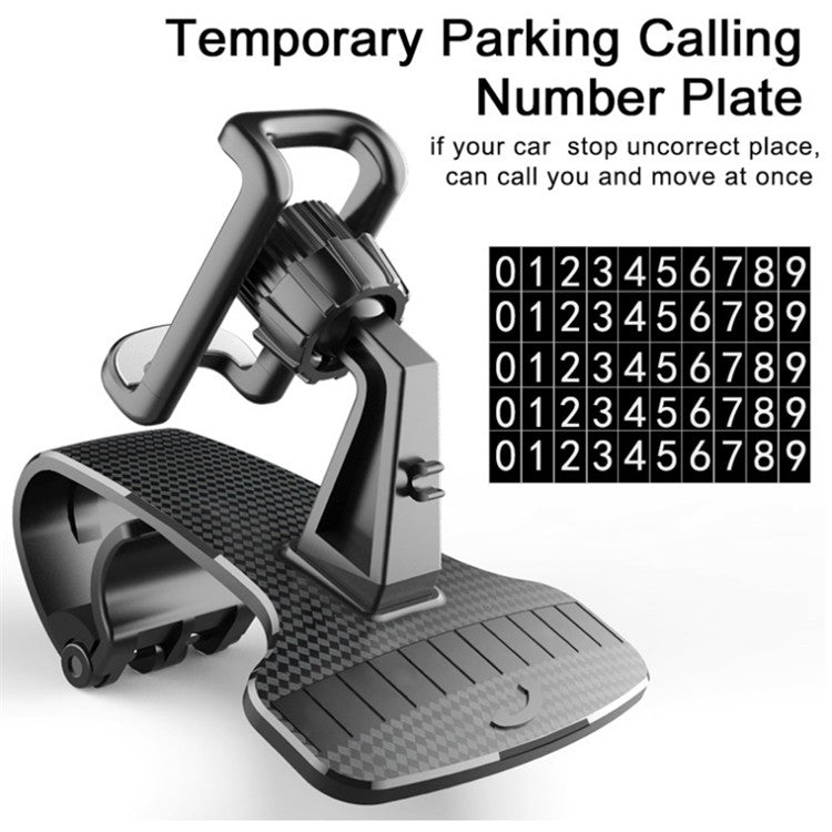 Car phone holder with temporary parking number plate and spring support cradle