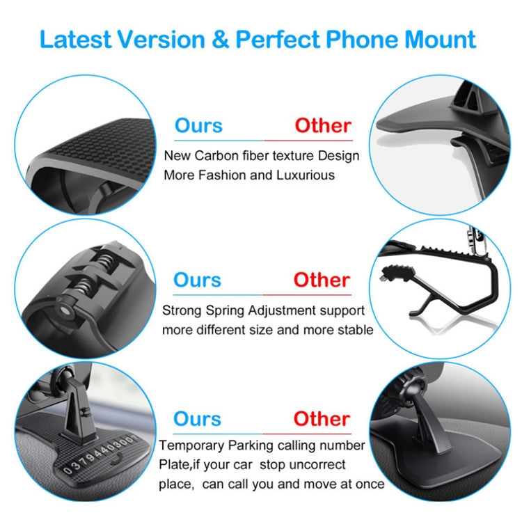 Car phone holder with spring-adjustable arms and temporary number plate calling area