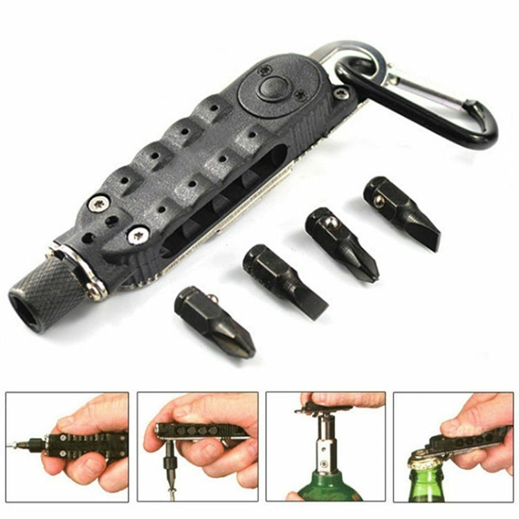 Mini multifunctional screwdriver tool with bottle opener, black handle and chrome carabiner clip
