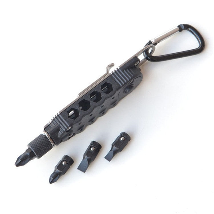 Compact black screwdriver tool with key-ring carabiner and multiple interchangeable bits