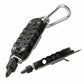 Mini screwdriver tool with black grip and chrome carabiner, shown with spare bits attached