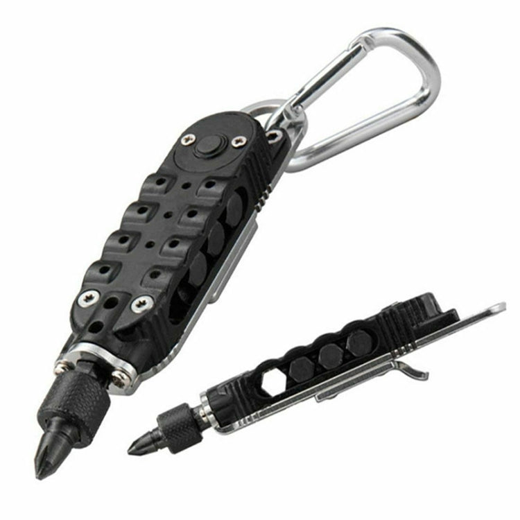 Mini screwdriver tool with black grip and chrome carabiner, shown with spare bits attached
