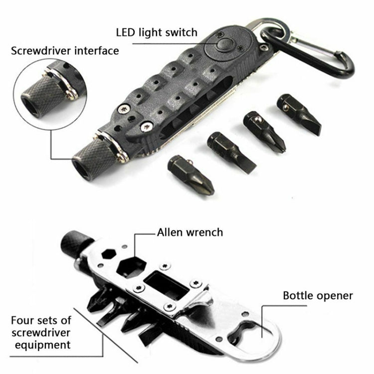 Multifunction screwdriver tool with bottle opener, Allen wrench, and interchangeable screwdriver bits