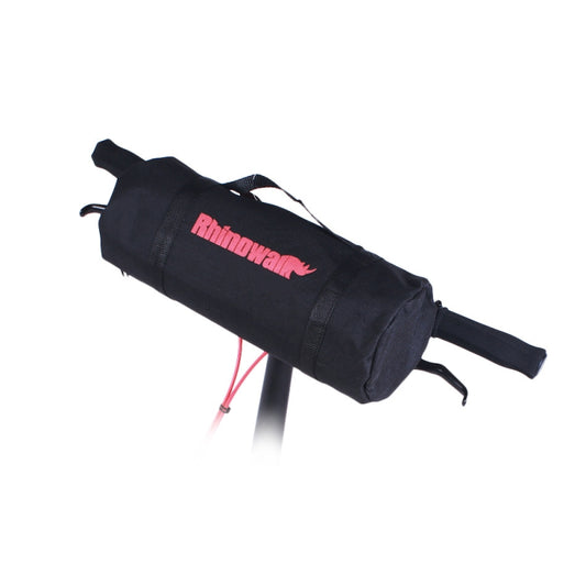Black foldable bike bag sleeve with carry handle and red logo