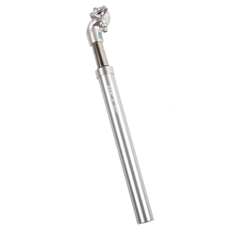 Silver hydraulic suspension seatpost with top clamp and mid adjustment collar, 27.2mm
