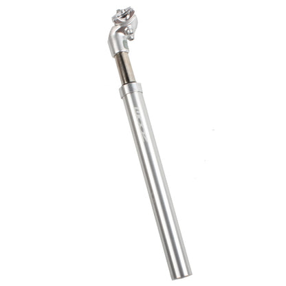 Silver hydraulic suspension seatpost with top clamp and mid adjustment collar, 27.2mm