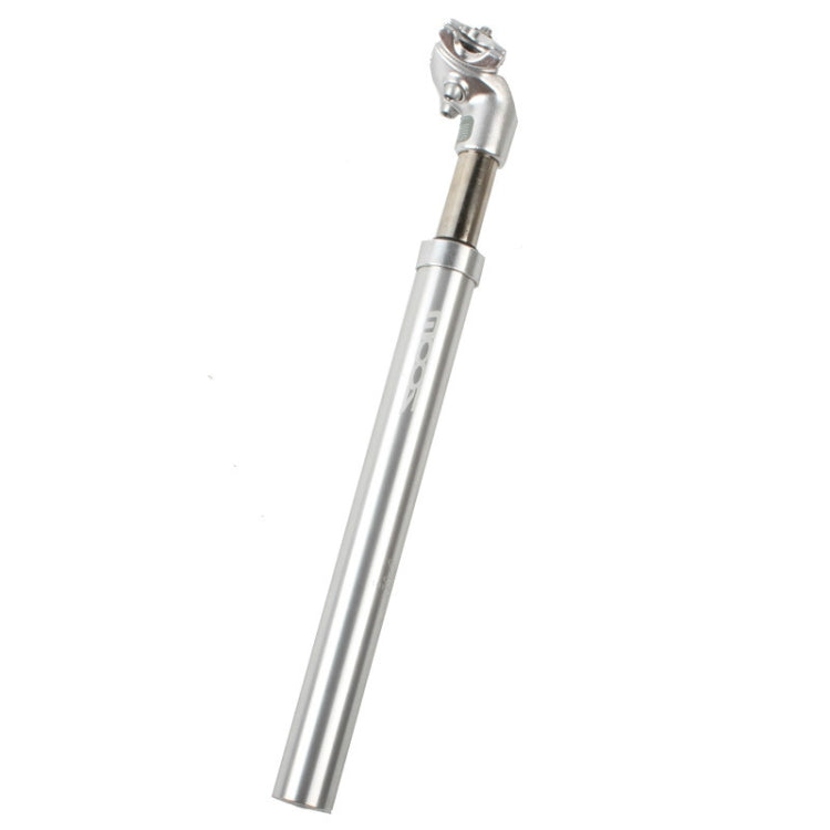 Silver hydraulic suspension seatpost with top clamp and adjustment ring, straight view