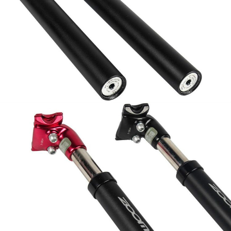 Hydraulic suspension seatpost set with black bodies, red/black clamps, and visible bolts