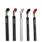 Hydraulic suspension seatposts in black, red, and silver with clamps shown side by side