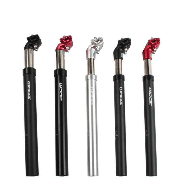 Hydraulic suspension seatposts in black, red, and silver with clamps shown side by side