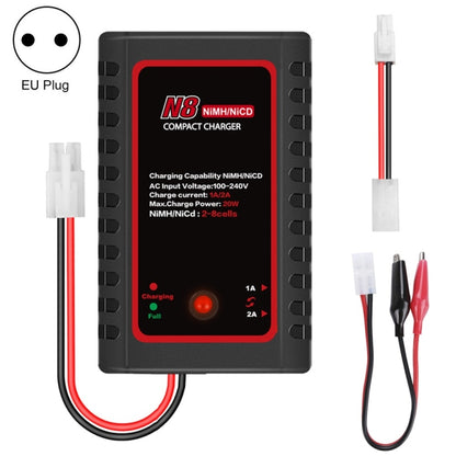 NiMH battery charger with EU plug, black case, red indicator, and charge cables