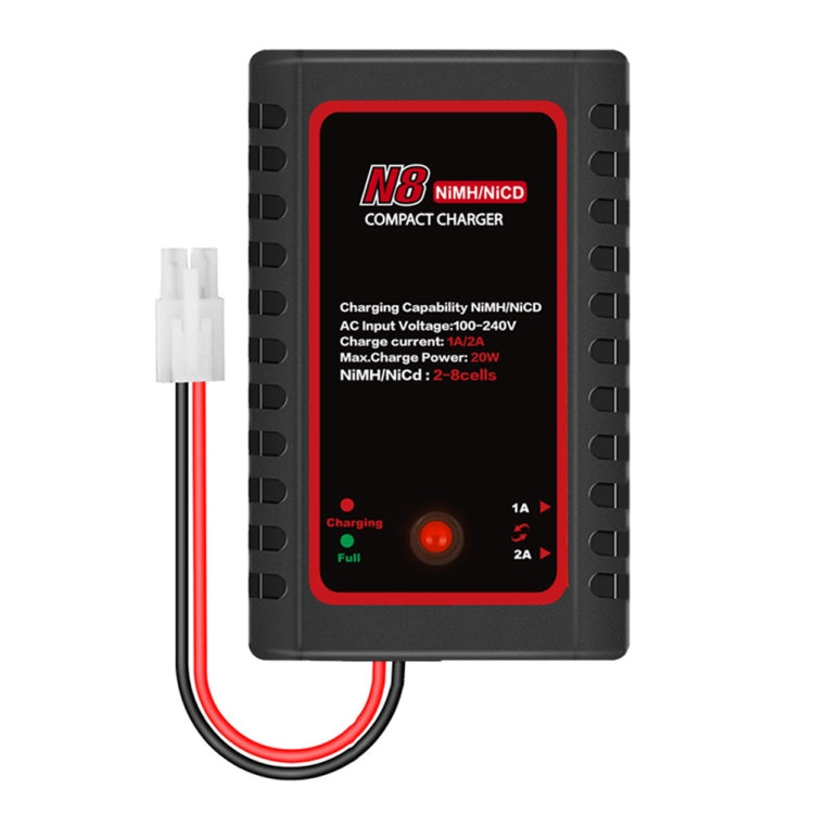 NiMH battery charger, black case with red charging display and indicator light