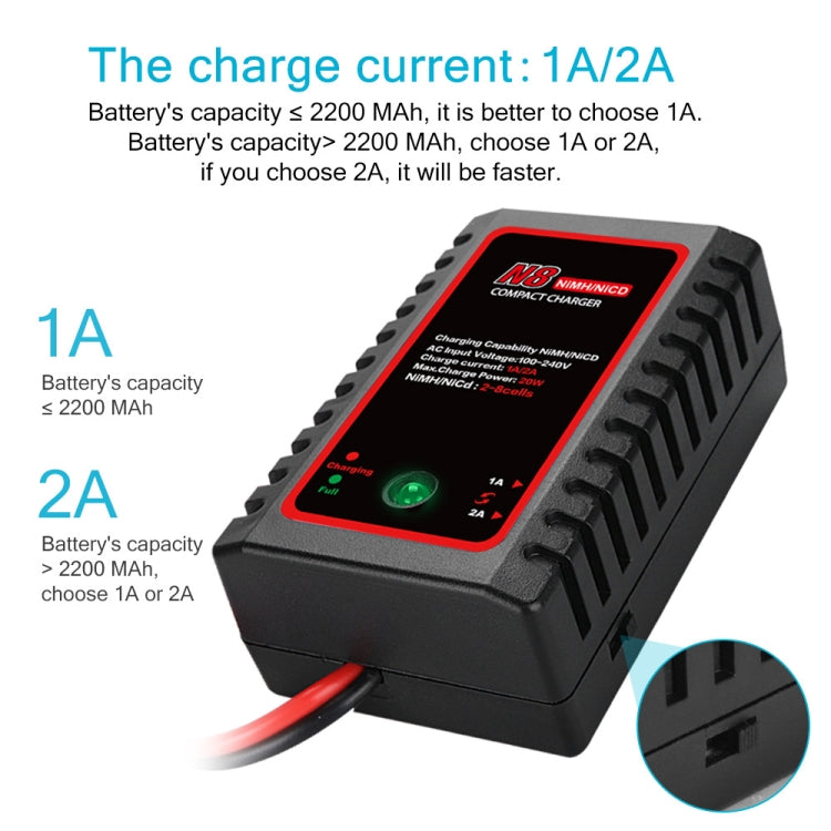 NiMH battery charger with dual charging settings, black body, red screen and green light