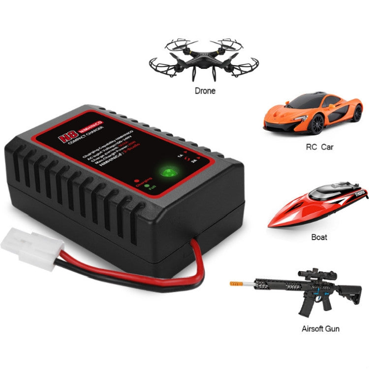 NiMH battery charger shown with compatible devices, black charger with red/green indicator