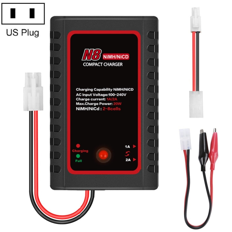 NiMH battery charger with US plug, black case, red indicator, and wiring leads