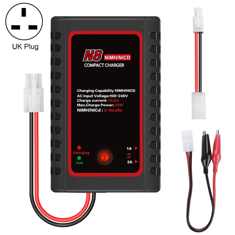 NiMH battery charger with UK plug, black case, red indicator, and connector cables