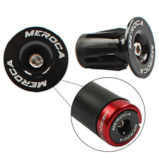 Black and red MEROCA handlebar end plugs with round caps and mounting bolt