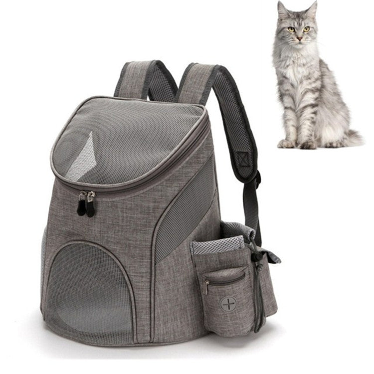 Gray pet carrier backpack with front mesh window, top flap, and side pouch