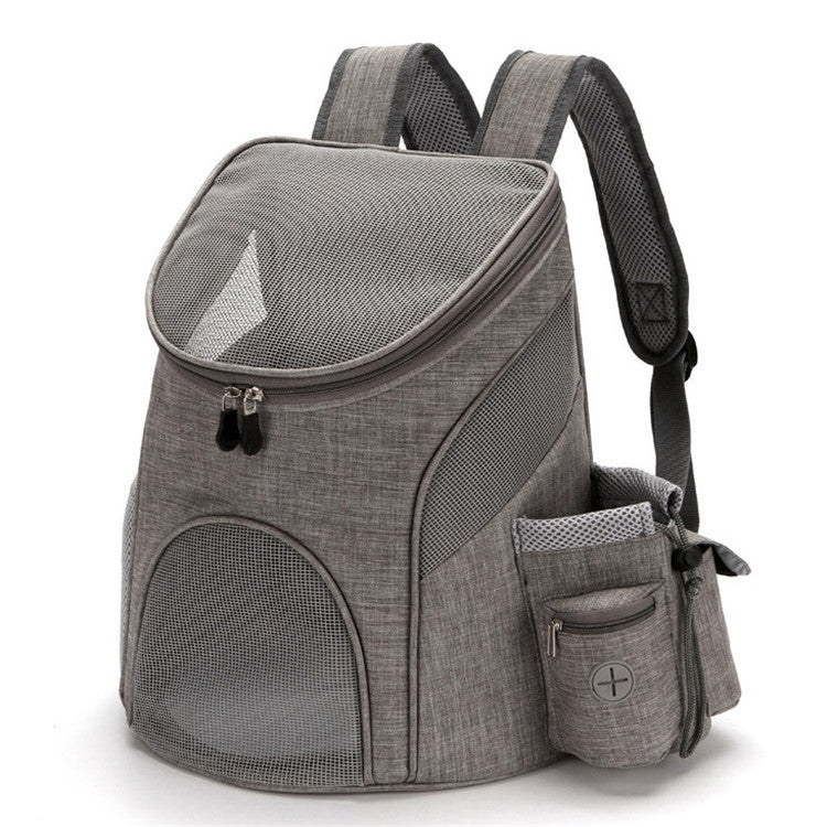 Gray pet carrier backpack with curved front window, padded shoulder straps, and side pouch