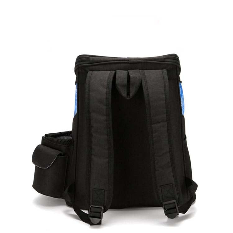 Black pet carrier backpack with mesh panels, padded straps, and rear view