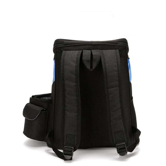 Black pet carrier backpack with mesh panels, padded straps, and rear view