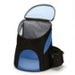 Black pet carrier backpack with blue mesh windows and detachable side pouch