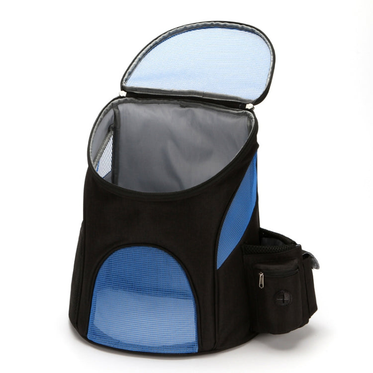 Black pet carrier backpack with blue mesh windows and detachable side pouch