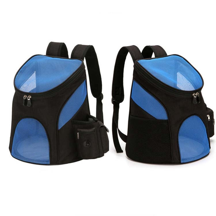 Blue pet carrier backpack with black trim, front mesh window, and side pouch