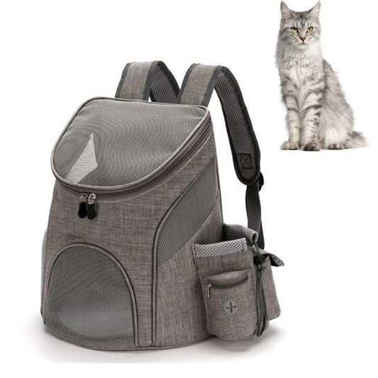 Gray pet carrier backpack with front mesh window, top flap, and side pouch