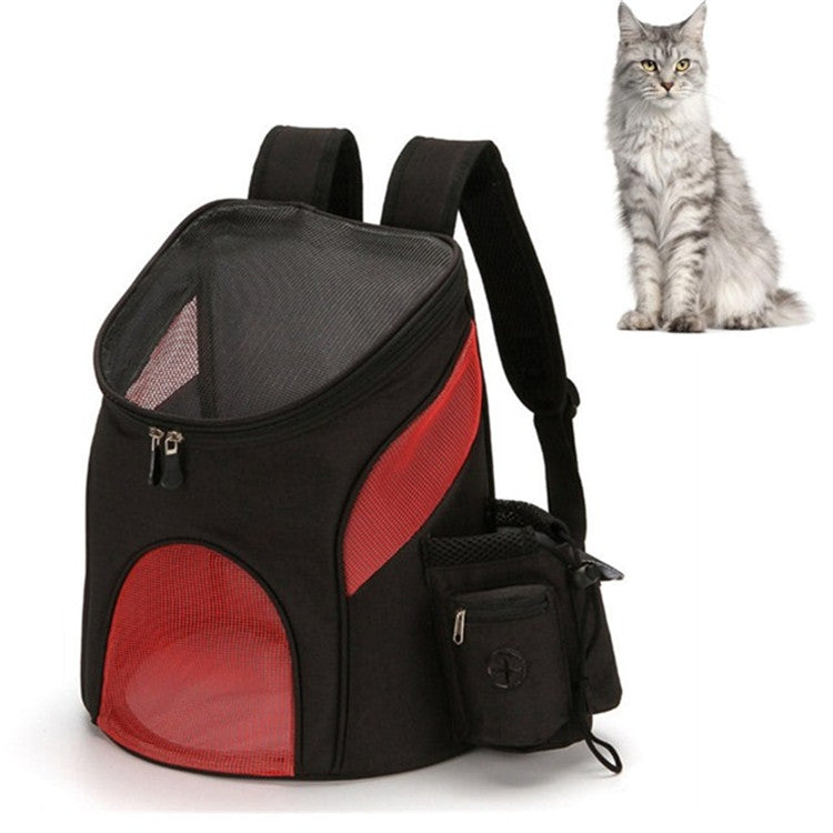 Black pet carrier backpack with red mesh window panel and detachable side pouch