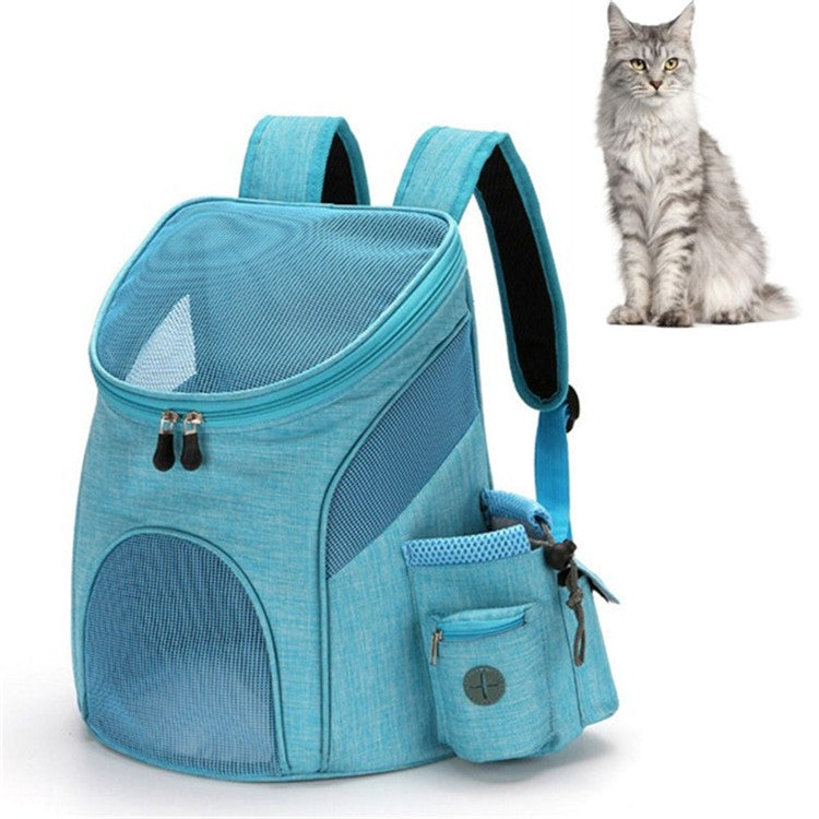 Light blue pet carrier backpack with front mesh window and detachable side pouch