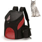 Portable foldable pet carrier backpack with red mesh window, black with shoulder straps.