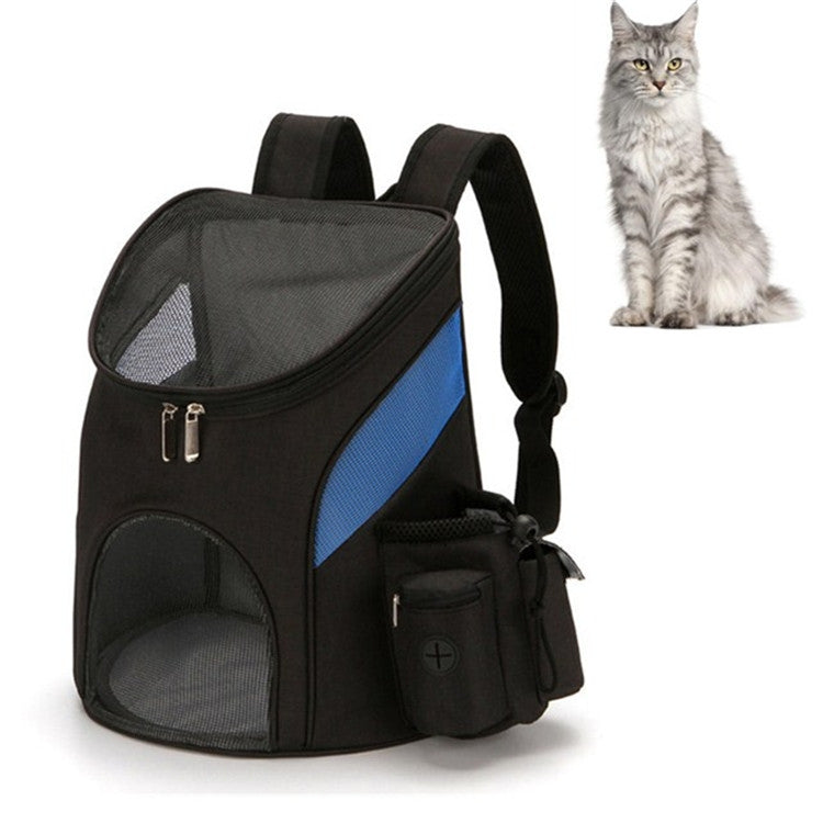 Portable foldable pet carrier backpack with blue mesh window, black with front pouch.