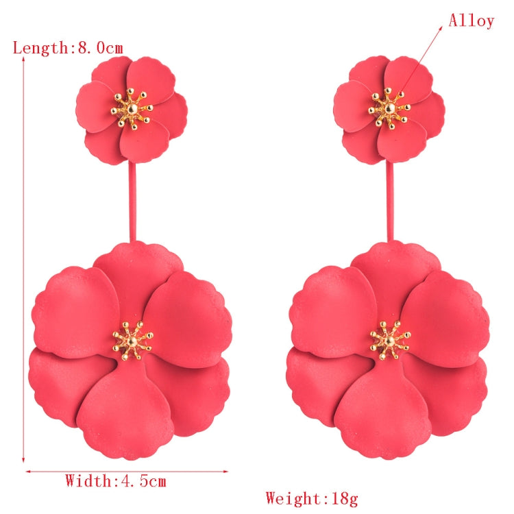 Red triple-flower drop earrings with gold-tone centers, long dangling alloy design