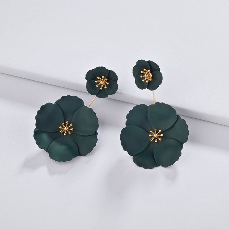 Dark green flower drop earrings with gold-tone centers, long dangling alloy design
