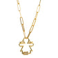 Gold-tone cross pendant necklace with outlined cross and zircon-stone bottom bar, chain