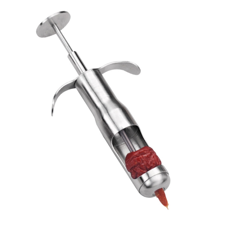 Stainless steel date pitting device with red coring tip and curved handles