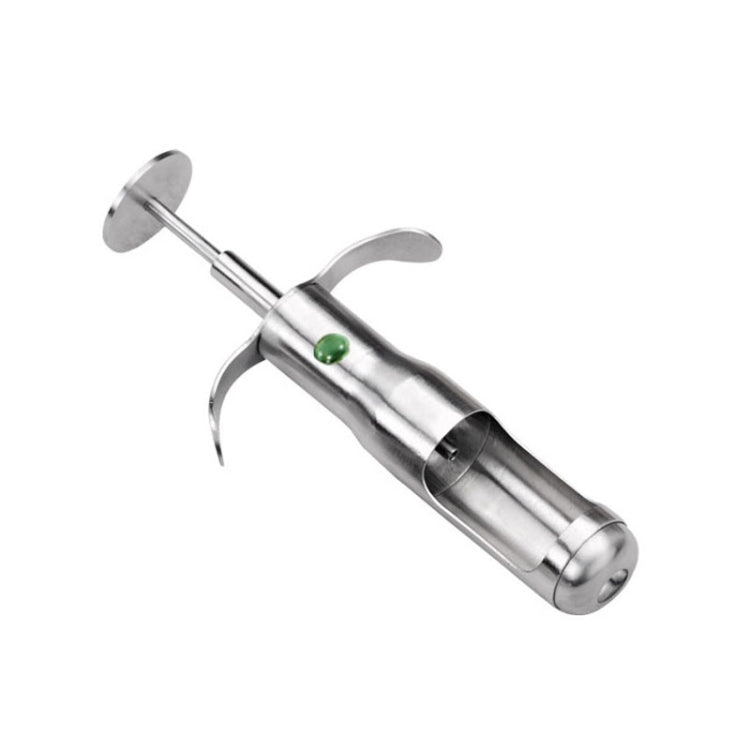 Stainless steel date pitting device with green coring tip and curved handles