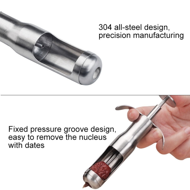 Stainless steel coring end with pressure groove design for pitting dates