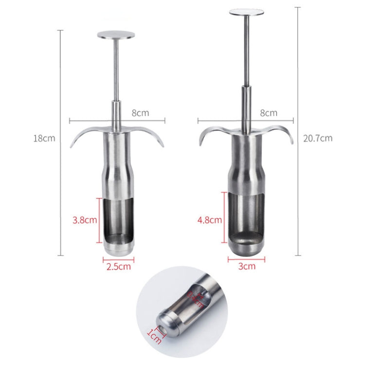 Stainless steel date pitting device with length measurements and coring prongs