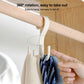 Rotatable tie belt hook on wood bar with four-prong ring, hand adjusting position