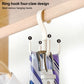 Four-claw ring hook on a light wood bar for hanging belts, white plastic