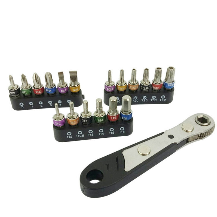 19-in-1 mini ratchet wrench bit set with black handle and assorted metal bits on tray