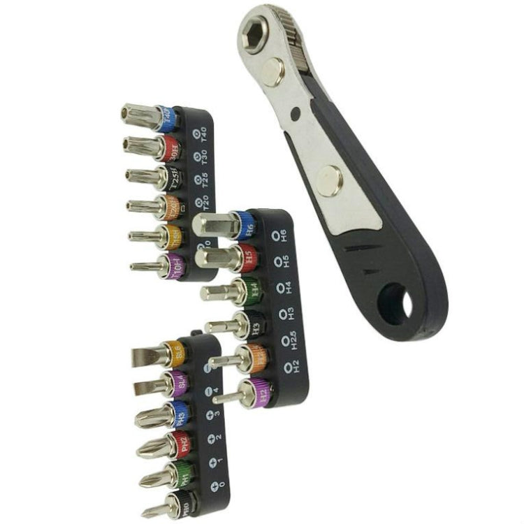 Mini ratchet wrench with black handle and multi-size socket bits in a bit holder