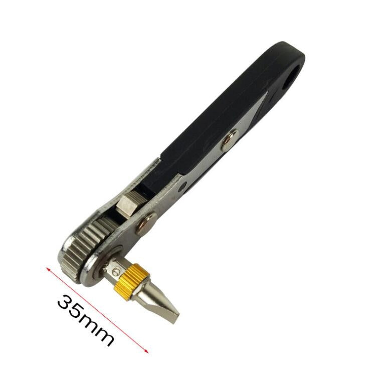 Small ratchet wrench with black handle and fold-out bit holder with gold-toned bit