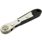 Mini ratchet wrench with black handle, silver face, and visible gear mechanism