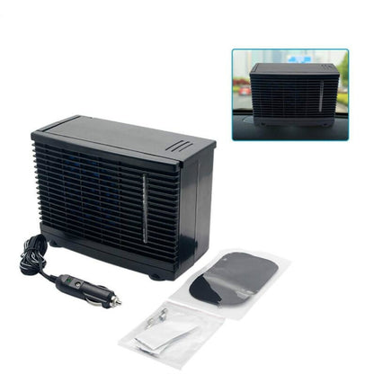 Black 12V vehicle air cooler fan with vented grille and power cable